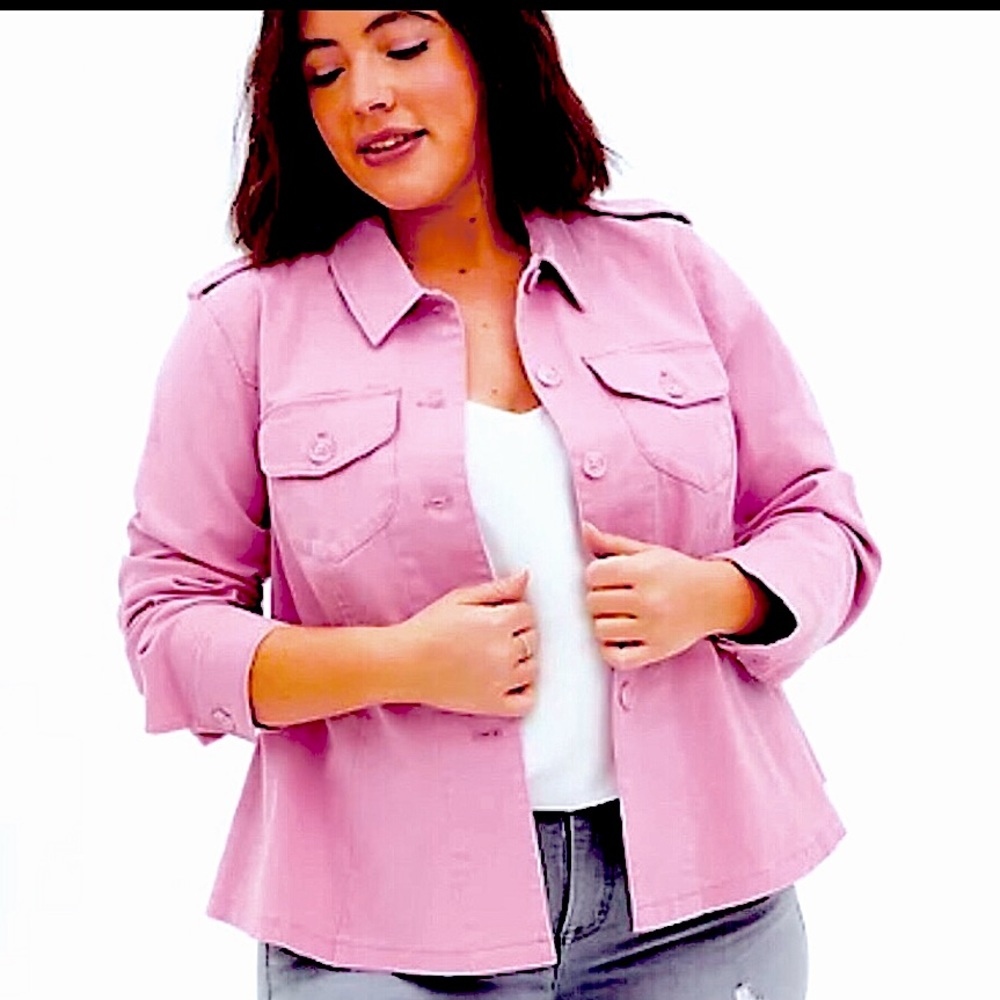 Torrid Pink Peplum Twill Jacket.